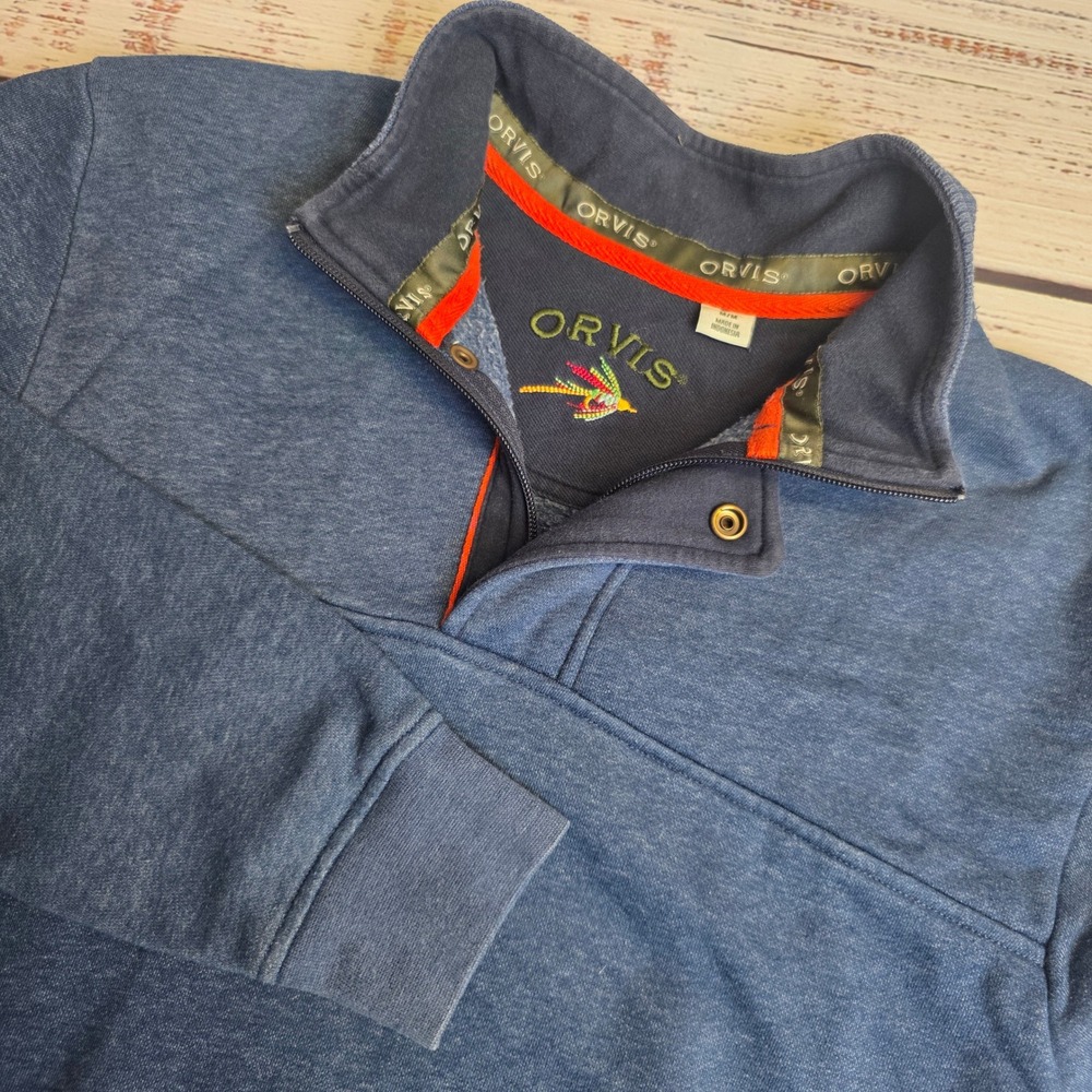 Orvis Mens Medium Quarter Zip Snap Fleece Pullover Sweatshirt Blue Cotton Poly